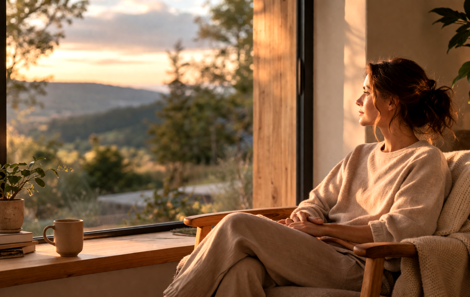 A calm person sitting quietly by a window, reflecting during a period of personal growth and internal change